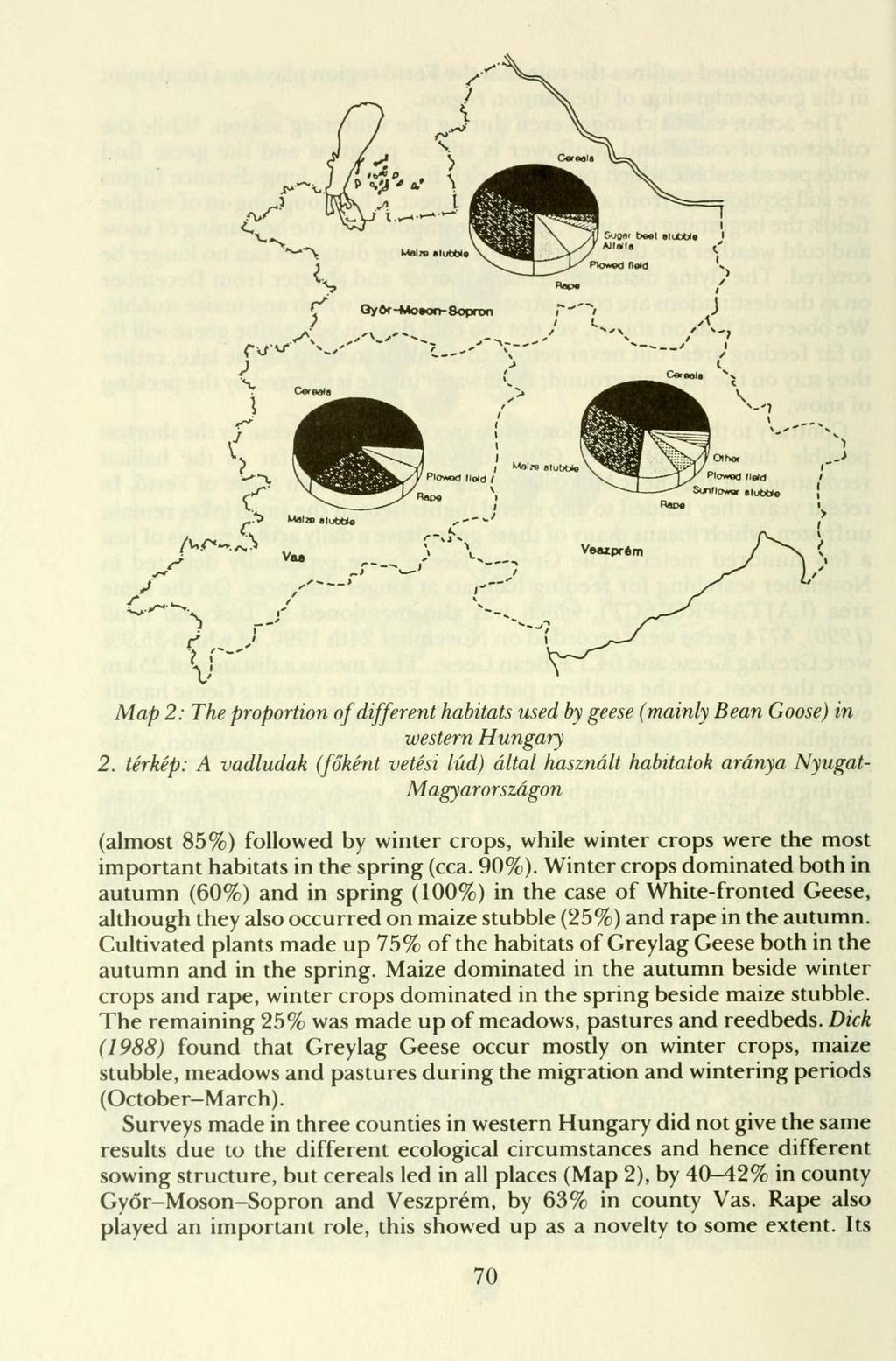 Map 2: The proportion of different habitats used by geese (mainly Bean Goose) in western Hungary 2.