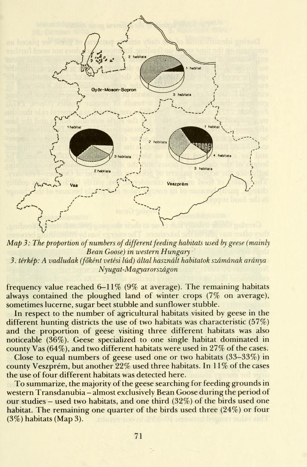 Map 3: The proportion of numbers of different feeding habitats used by geese (mainly Bean Goose) in western Hungary 3.