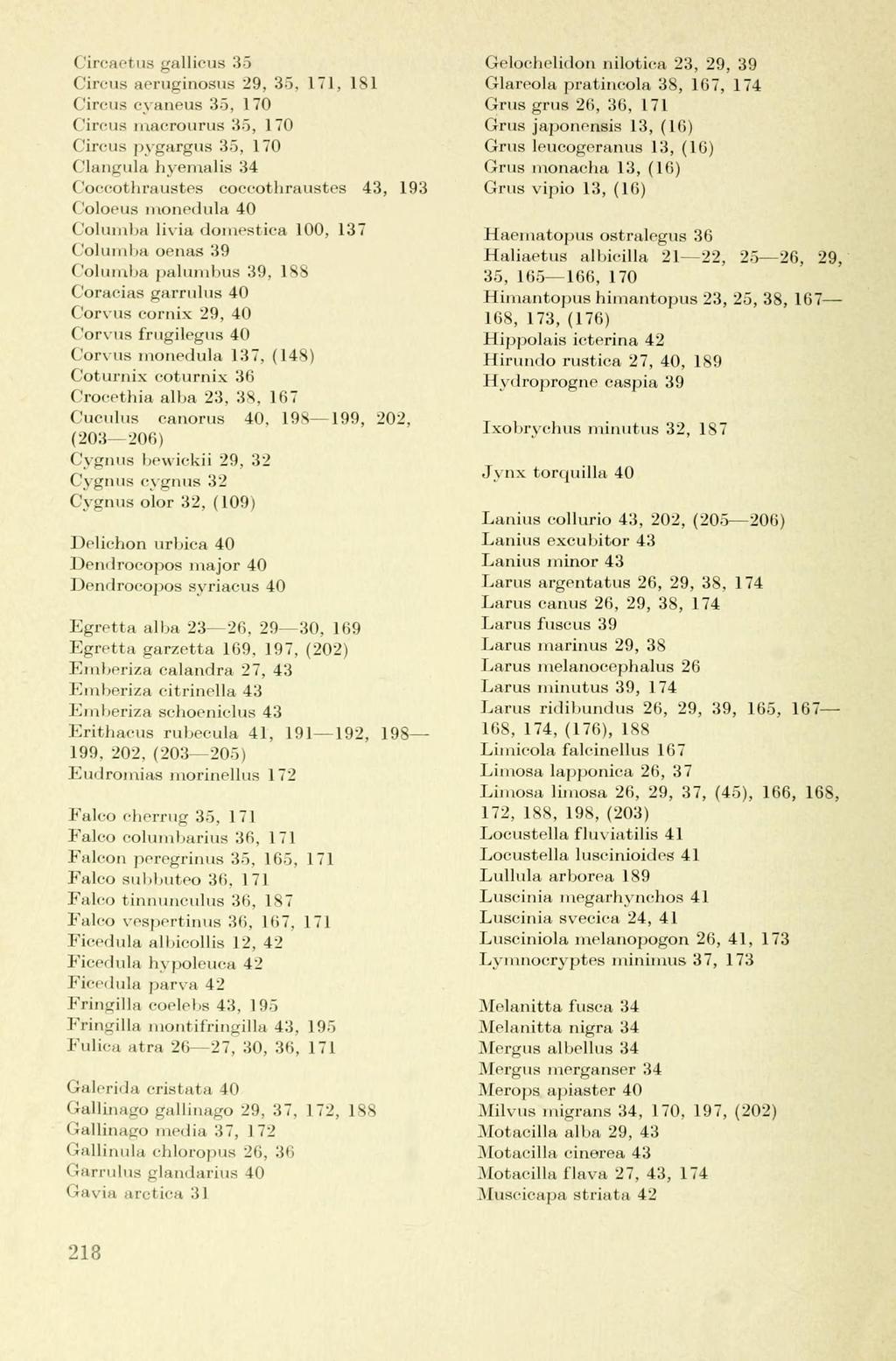 ('ireaet iis gallicus 3ö Circus aeruginosus 29, 35, 171, 181 Circus cyaneus 35, 170 Circus macrourus 35, 170 Circus pygargus 35, 170 Clangula hyemalis 34 Coccothraustes coccothraustes 43, 193 Coloeus