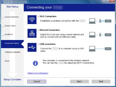 Hálózati beállítások Windows Válassza ki a csatlakozás típusát, majd kattintson a Tovább elemre. Mac OS X Válassza ki a csatlakozási módszert. Kövesse a képernyőn megjelenő utasításokat.