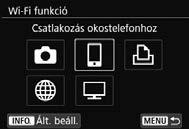 A fényképezőgép hozzáférési pont módjának használata kapcsolat létesítéséhez Az NFC funkcióval nem rendelkező okostelefonok a fényképezőgép hozzáférési pont módjában csatlakoztathatók.