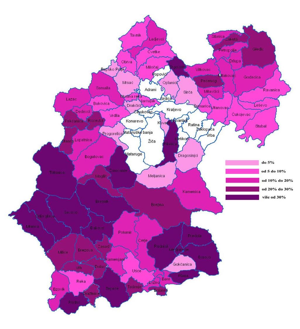 Приказ смањења броја становника по насељима у процентима у периоду од 2002-2011.