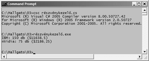 Részvénypélda (folytatás) class Részvénykezelő static void Main() Részvény IBM = new Részvény("IBM", 77.59, 100); Részvény nvidia = new Részvény("NVDA", 21.49, 100); IBM.Vétel(50); nvidia.