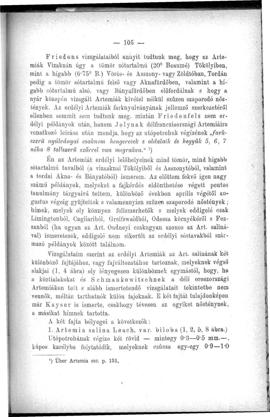 105 Friedens vizsgálataiból annyit tudtunk meg, hogy az Artemíák Vízaknán úgy a tömör sótartalmú (20 Beauinó) Tökölyiben, mint a hígabb (6-75 B.
