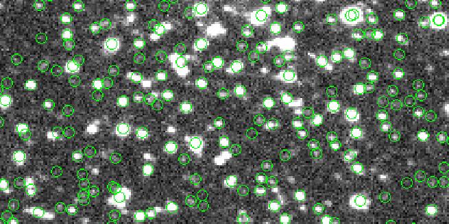 6. ábra. Egy WCS transzformált, I-szűrős kép részlete. A zöld karikák jelzik azokat a koordinátákat, amelyeken csillag helyezkedik el az USNOA2 katalógus szerint.