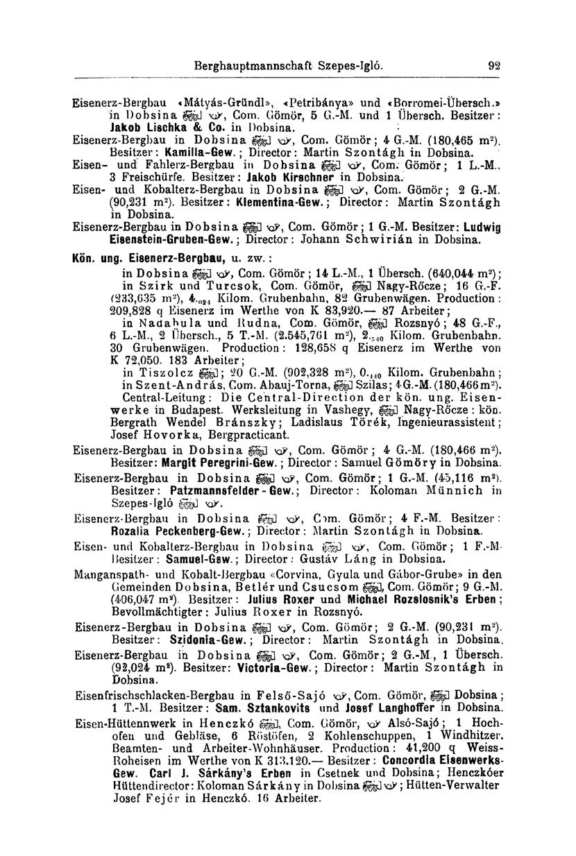 Berghauptmannschaft Szepes-Igló. 1)3 Eisenerz-Bergbau «Mátyás-Gründl», <Petribánya» und «Borromei-Übersch.» in Dobsina gggd xp, Com. Gömör, 5 G.-M. und 1 Übersch. Besitzer: Jakob Lischka & Co.