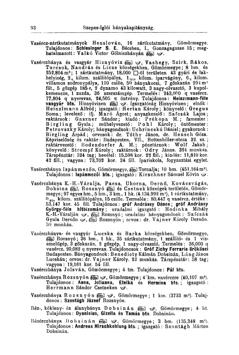 202 Szepes-Iglói bányakapitányság. Vasércz-zártkutatmányok Henslován, 16 zártkutatmány, Gömörmegye. Tulajdonos: Schlesinger S. E. Bécsben, I.