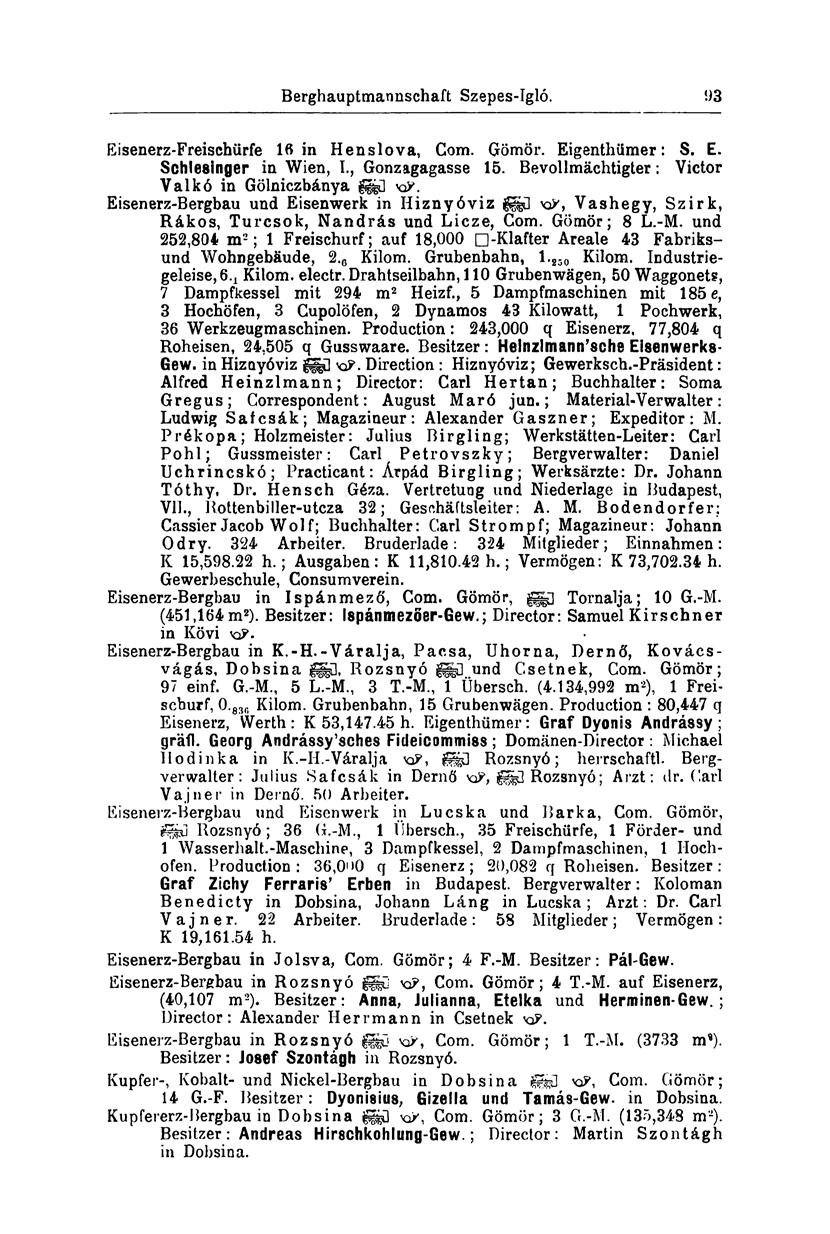 Berghauptmannschaft Szepes-Igló. 1)3 Eisenerz-Freischürfe 16 in Henslova, Com. Gömör. Eigenthümer: S. E. Schlesinger in Wien, I., Gonzagagasse 15.