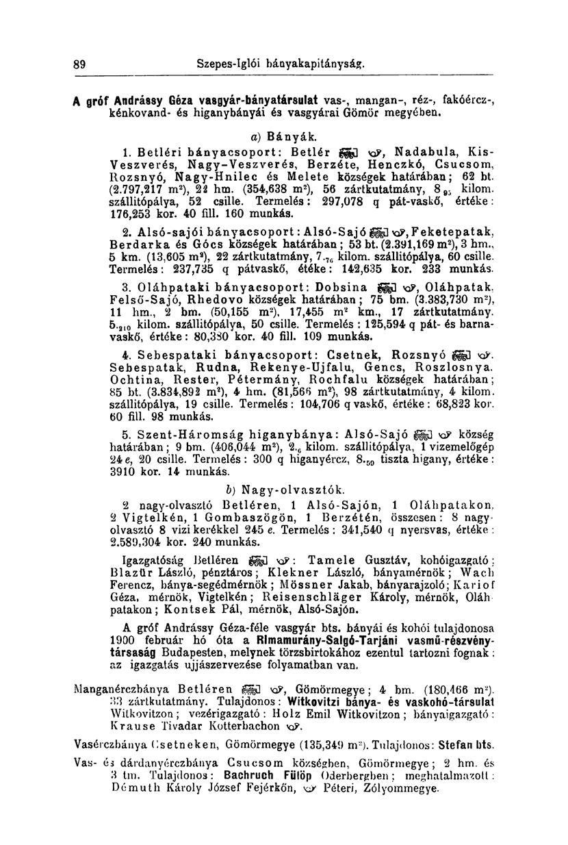 89 Szepes-Iglói bányakapitányság. A gróf Andrássy Géza vasgyár-bányatársulat vas-, mangan-, réz-, fakóércz-, kénkovand- és higanybányái és vasgyárai Gömör megyében. a) Bányák. 1.