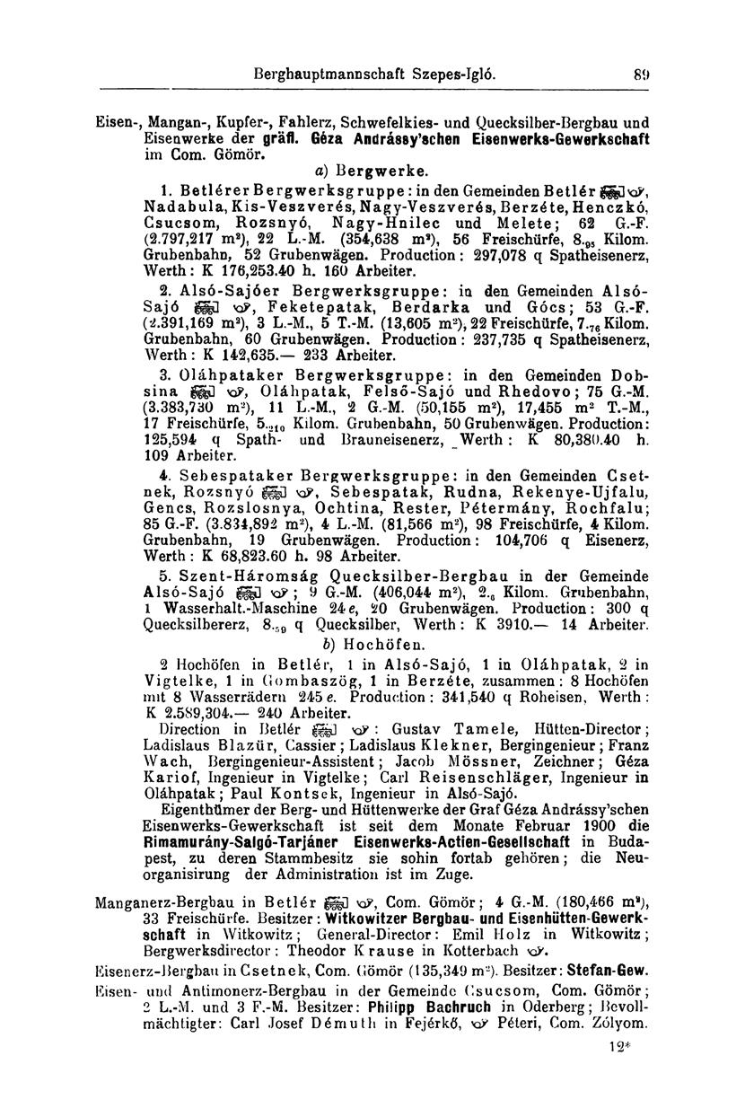 Berghauptmannschaft Szepes-Igló. 80 Eisen-, Mangan-, Kupfer-, Fahlerz, Schwefelkies- und Quecksilber-Bergbau und Eisenwerke der gräfl. Géza Andrássy'schen Eisenwerks-Gewerkschaft im Com. Gömör.