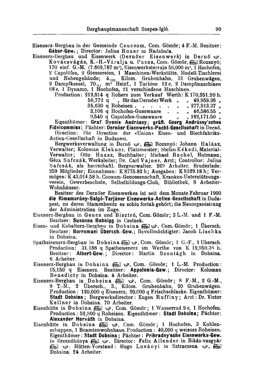 Berghauptmannschaft Szepes-Igló. 1)3 Eisenerz-Bergbau in der Gemeinde Csúcsom, Com. Gömör; 4 F.-M. Besitzer: Gábor-Gew.; Director: Julius Roxer in Nadabula.