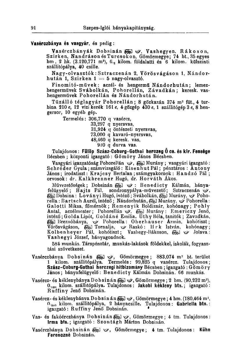 198 Szepes-Iglói bányakapitányság. Vasérczbánya és vasgyár, és pedig: Vasérczbányák Dobsinán Vashegyen, Rákoson, Szirken, Nandráson és Turcsokon, Gömörmegye; 74 bt., 35 egyes bm, 2 hk. (3.