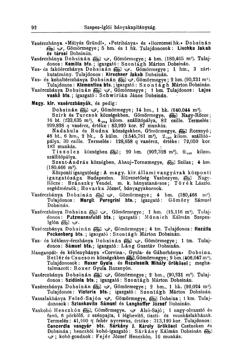 200 Szepes-Iglói bányakapitányság. Vasérczbánya»Mátyás Gründl»,»Petribánya» és»borrómeihk.> Dobsinán ÜB Gömörmegye; 5 bm. és 1 hk. Tulajdonosok: Lischka Jakab és társai Dobsinán.