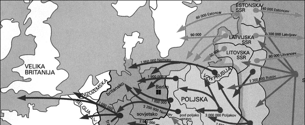 M092-511-1-1M 2. 5 Po drugi svetovni vojni je nastopila množična, večinoma neprostovoljna selitev prebivalcev. Oglejte si zemljevid 3 in odgovorite na zastavljeni vprašanji.