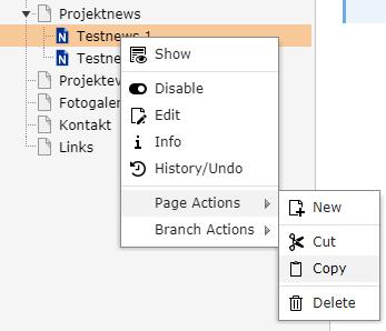 A jobb oldali egérgombbal egy hírre kattintva meglévő híreket másolhat a vágólapra, (Page Actions Copy), majd egy új bejegyzésbe beillesztve egyszerűen tovább szerkesztheti őket.