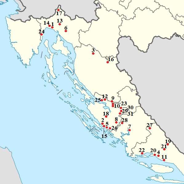 2. ábra: A westernfilmek forgatási helyszínei Horvátországban Forrás: A winnetous-spuren.de, az aufwinnetousspuren.at és a helyi turisztikai irodák közlése alapján szerk.: Gyuricza L.