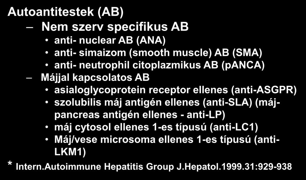 Az AIH diagnosztikus kritériumai (3) Szerológiai jellegzetességek* Autoantitestek (AB) Nem szerv specifikus AB anti- nuclear AB (ANA) anti- simaizom (smooth muscle) AB (SMA) anti- neutrophil