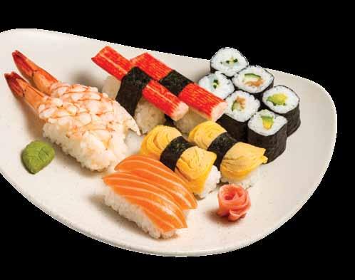 Vegyes valogatas I Mixed selection Hanbun (5 maki 4 nigiri) 1 avokádó maki, 1 vöröstonhal maki, 1 surimi maki, 2 japán omlett maki, 1 lazac nigiri, 1 vöröstonhal nigiri, 1 tigrisrák nigiri, 1 japán