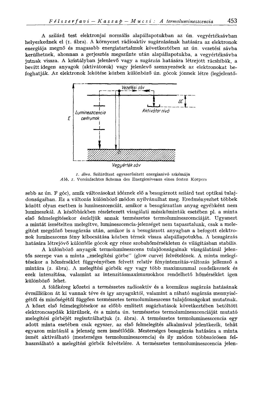 Fé.lszerfavi К a s z a p M и с s i : A termolumineszcencia 453 A szilárd test elektronjai normális alapállapotukban az ún. vegyértéksávban helyezkednek el (i. ábra).