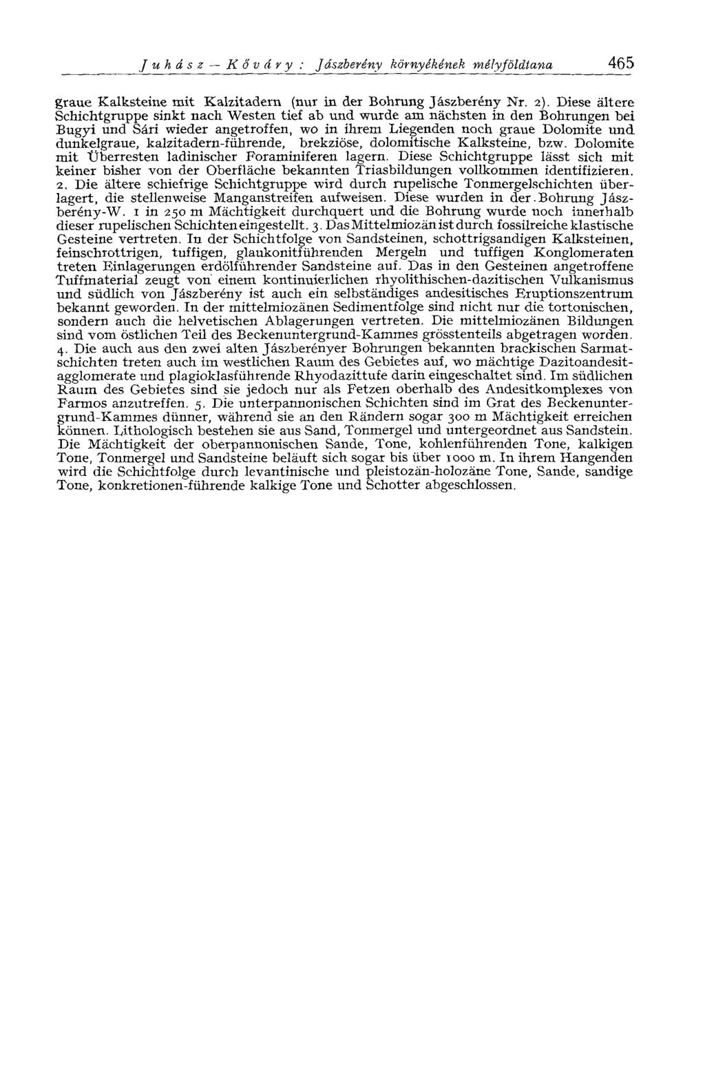 Juhász К ő V á y y : Jászberény környékének mélyföldtana 465 graue Kalksteine mit Kalzitadern (nur in der Bohrung Jászberény Nr. 2).
