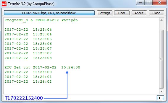 Program9_4: idő kiírása UART-on Az előző programban bemutatott I2C1_burstRead() függvény segítségével kiolvassuk egy DS1337 (vagy vele kompatibilis) Real Time órát, s az Aszinkron soros kommunikáció