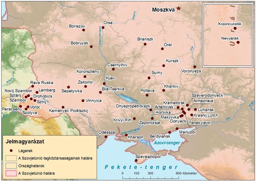 10.ábra. GUPVI-táborok, ahol a kárpátaljai magyar és német nemzetiségű deportáltak raboskodtak Szerkesztette: Molnár D. Erzsébet Molnár D. István Forrás: KÁL, F.P.14, op. 1., od. zb. 216-232.