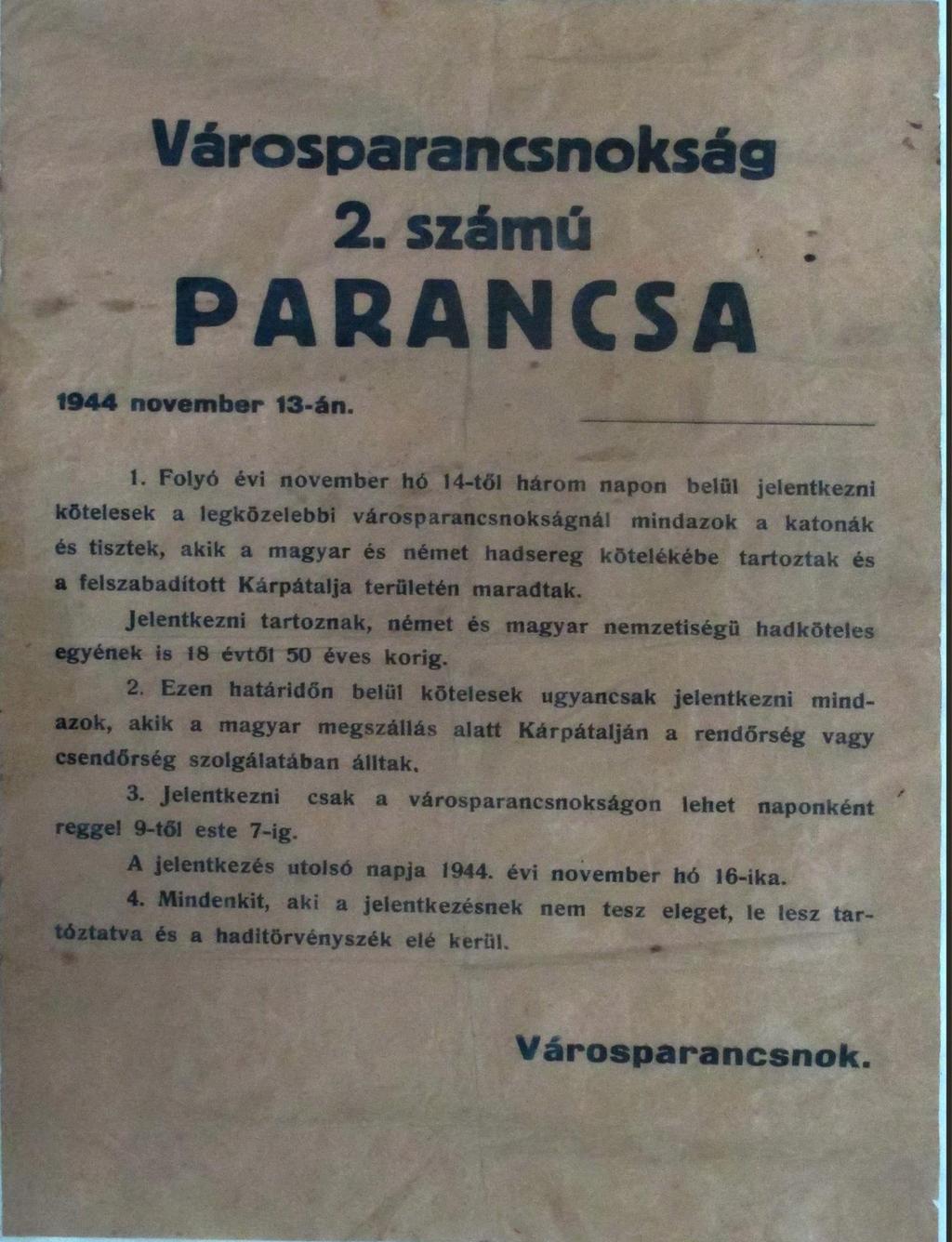 A Városparancsnokság 2. számú parancsa magyar nyelven (A parancs eredeti példánya a II.