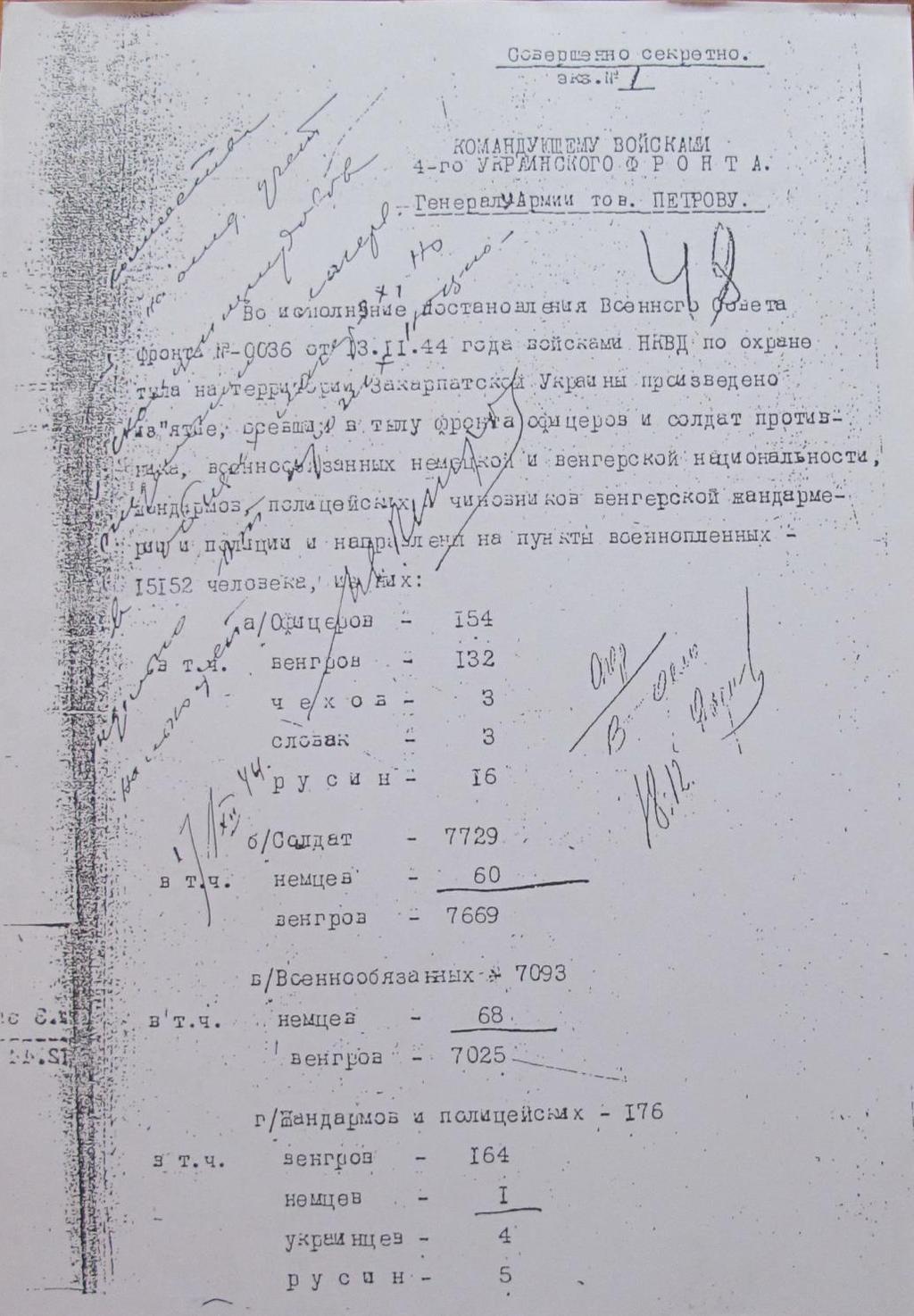 10. sz. melléklet. Fagyejev őrnagynak, a 4. Ukrán Front hadtápterületét fedező NKVD-csapatok parancsnokának jelentése Petrov tábornoknak, a 4.