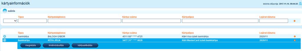 3.5 Kártyák kezelése A kártyák kezelése menürendszere az alábbiak szerint épül fel: hitelkártyaszámla információk kártyaaktiválás A felhasználó ezeket a menüpontokat csak abban az esetben láthatja,