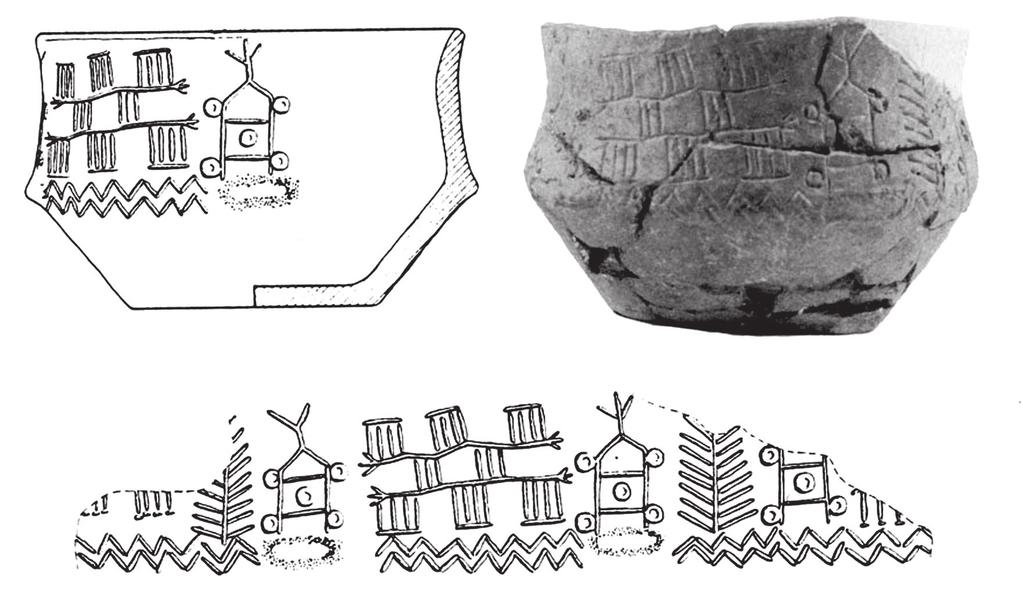 3. kép. A Bronocice-i edény és kiterített rajza (Pi g g o t t 1983, 11. kép alapján) Fig. 3. The vessel from Bronocice (after Pi g g o t t 1983, Fig.