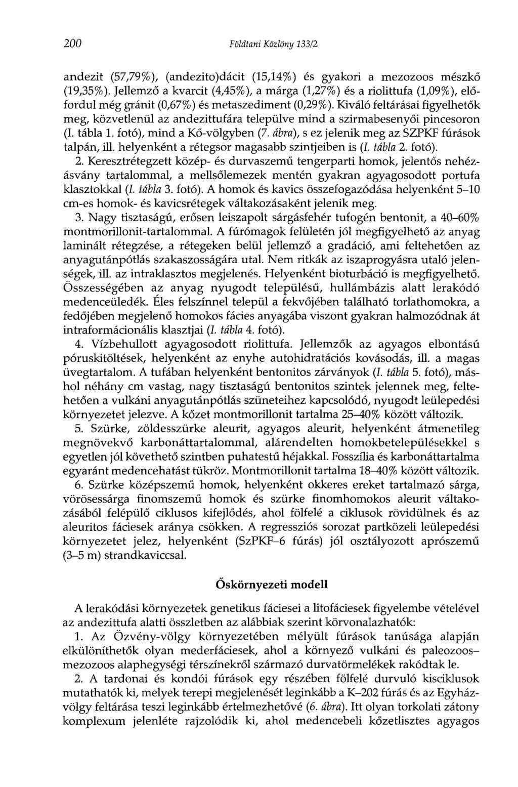 200 Földtani Közlöny 133/2 andezit (57,79%), (andezito)dácit (15,14%) és gyakori a mezozoos mészkő (19,35%).