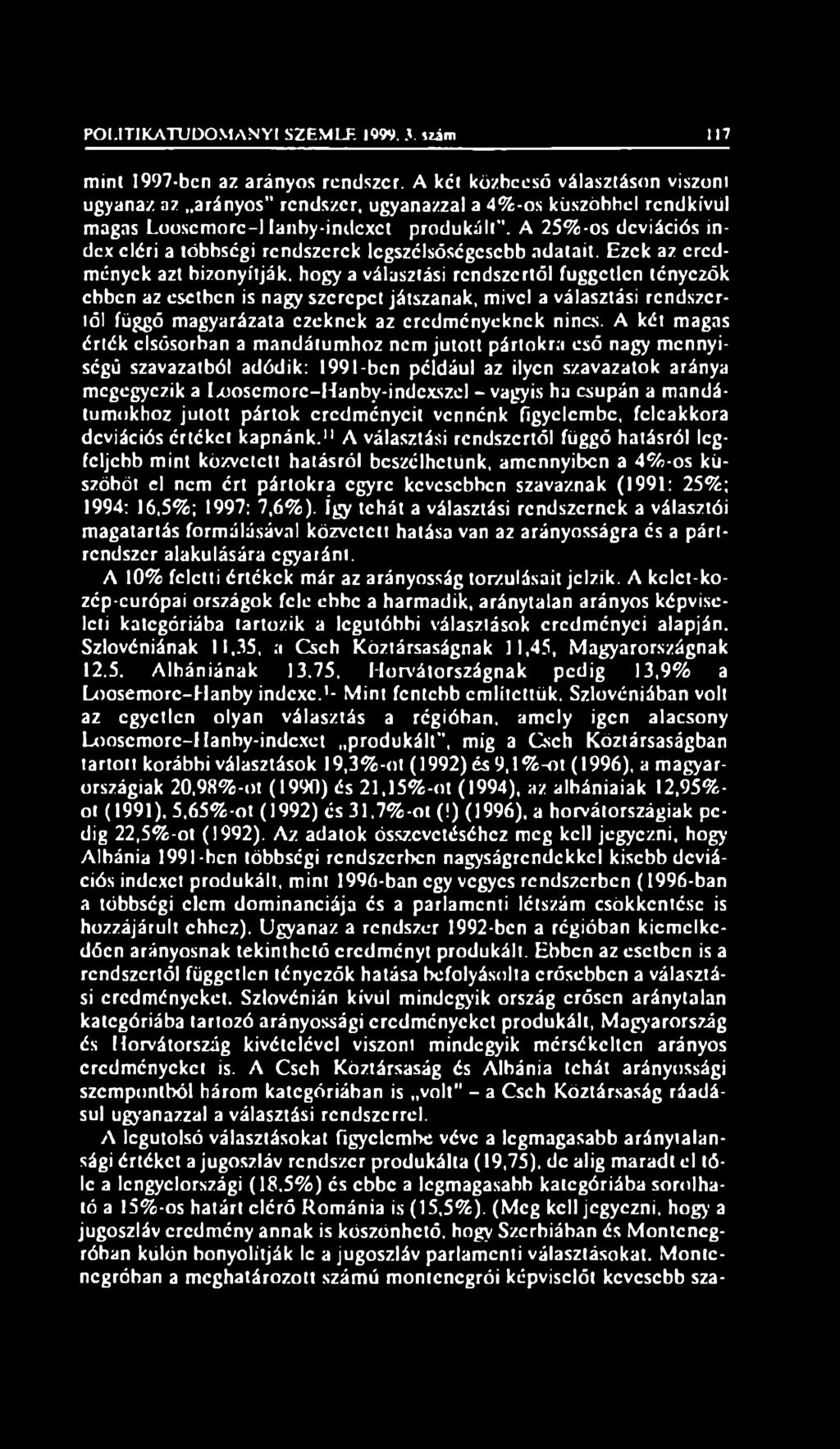 A 25%-os dcviációs index eléri a többségi rendszerek legszélsőségesebb adatait.