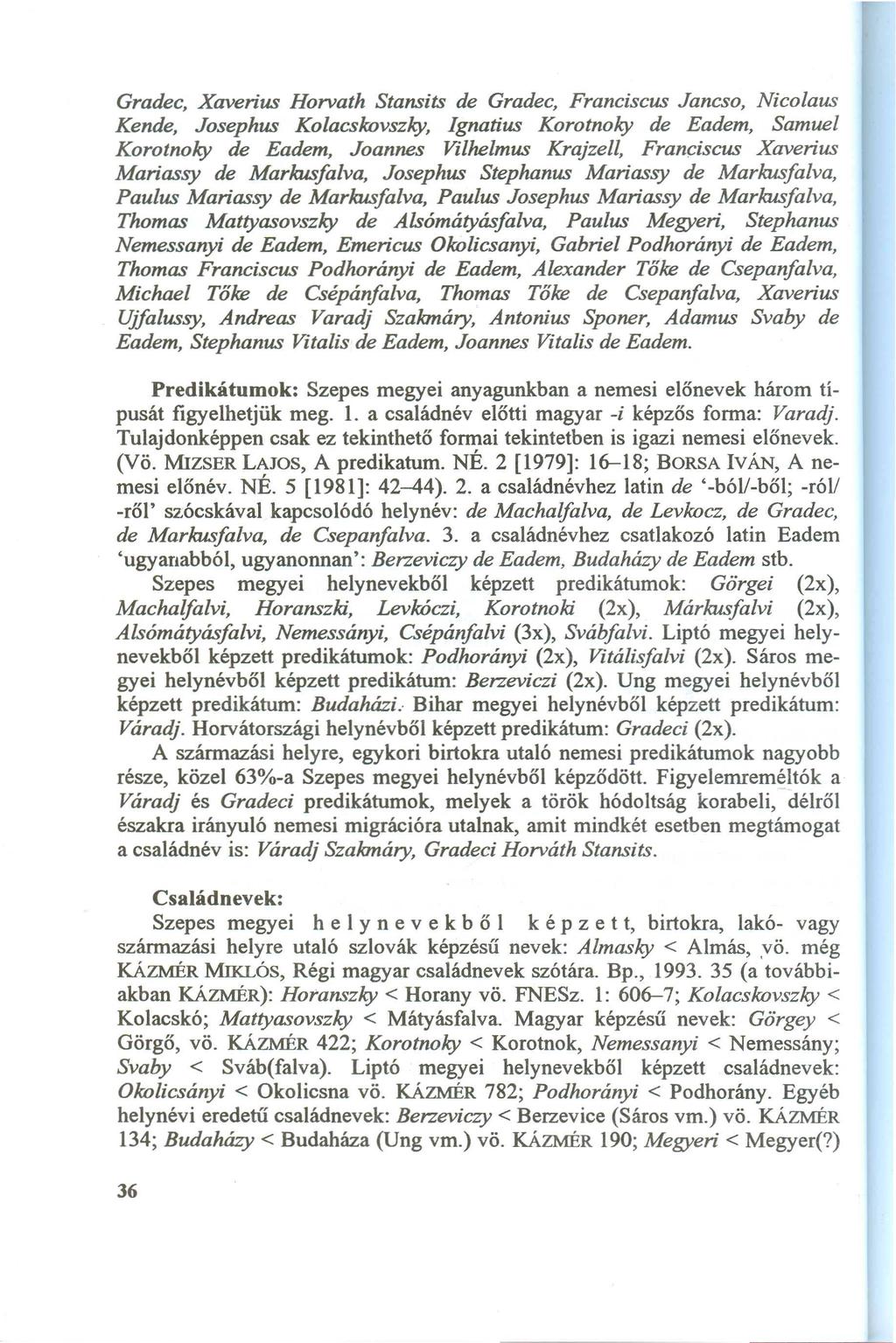 G ra dec, Xa verius H orva th Sta nsits de G ra dec, F ra nciscus J a ncso, N icola us K ende, J osephus K ola cslw vszky, Igna tius K orotnoky de E a dem, Sa m uel K orotnoky de E a dem, J oa nnes