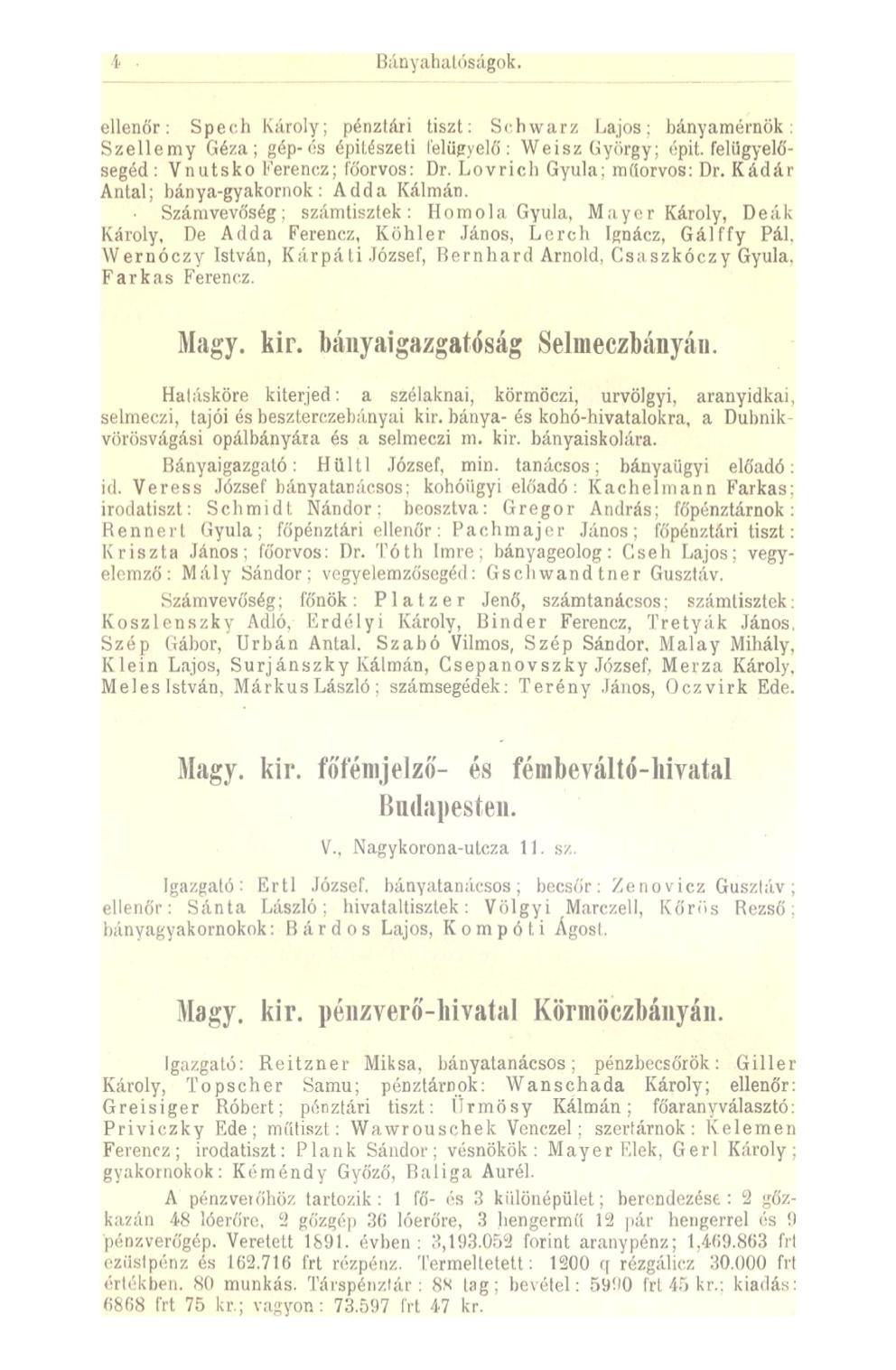 ellenőr: Speeh Károly; pénztári tiszt: Schwarz Lajos; bányamérnök; Szellemy Géza; gép-és építészeti felügyelő: Weisz György; épit felügyelősegéd: Vnutsko Ferencz; főorvos: Dr.