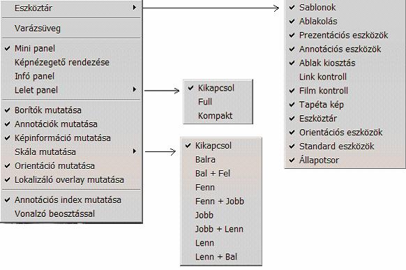 3.2.2 NÉZET MENÜ Az erad PACS Nézet menüje elérést biztosít az eszköztárakhoz, egyedülálló panelekhez, az úszó nagyítóüveghez, valamint a kép borítók megjelenítését vagy elrejtését kontrolláló