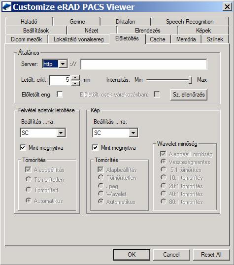 4.1.5 ELŐTÖLTÉSI BEÁLLÍTÁSOK / PREFETCH SETTINGS erad PACS Az előtöltési beállítások oldal, a beállítások formázása ablakban, konfigurálja a szerver telepítését, valamint a képek elő és letöltését.