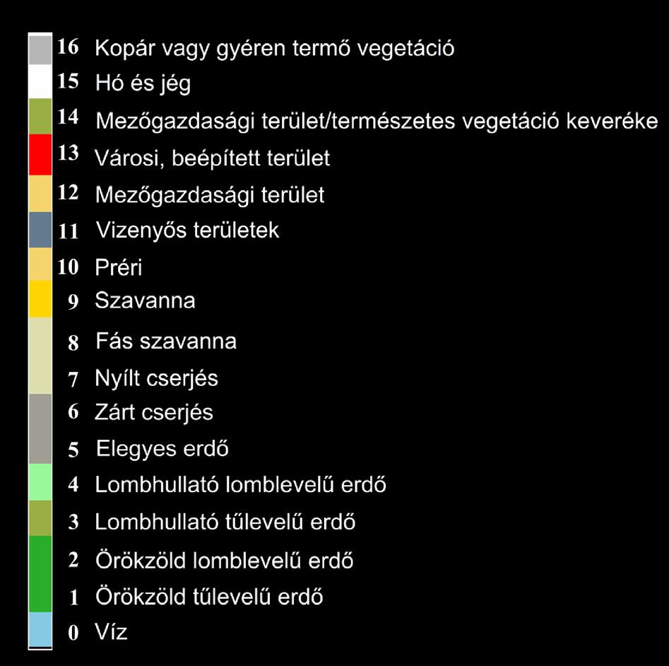 16b ábra. A Land Cover adatbázis színskálája A 16a és 16b ábrákon a Kárpát-medence felszínborítottsága és az ehhez tartozó színskála látható.
