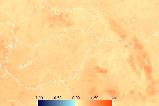 21c ábra. Magyarország BISE módszerrel korrigált NDVI térképe 1997. januárjának második dekádjára 21d ábra. Magyarország MVI módszerrel korrigált NDVI térképe 1997.