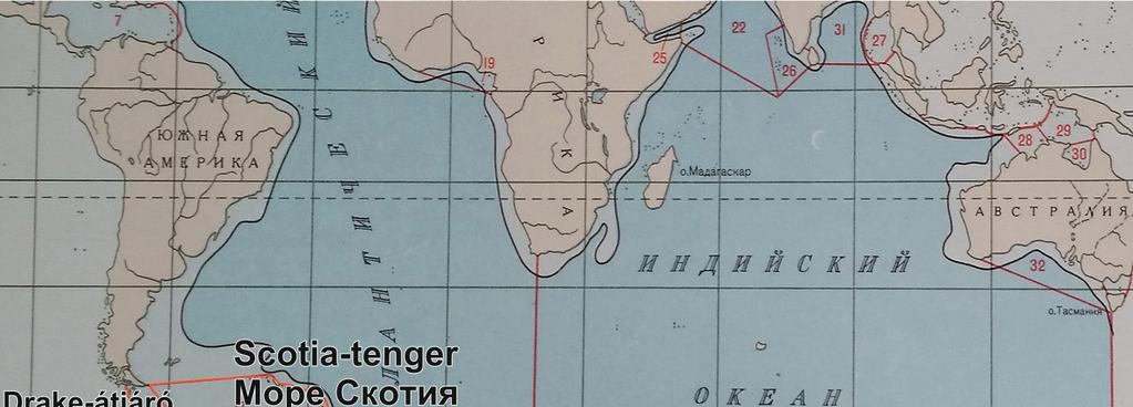 tengerhatárai Forrás: Baloldalon az Atlasz okeanov szakatlasz sorozat, Atlanti és Indiai-óceán (1977).
