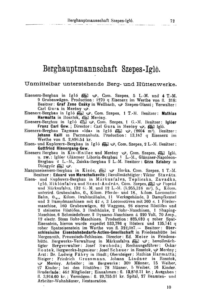 Berghauptmannschaft Szepes-Igló. 72 Berghauptmannsohaft Szepes-Igló. Unmittelbar unterstehende Berg- und Hüttenwerke. Eisenerz-Bergbau in Igló g^q xp, Com. Szepes, 5 L.-M. und 4 T.-M. 9 Grubenwägen.