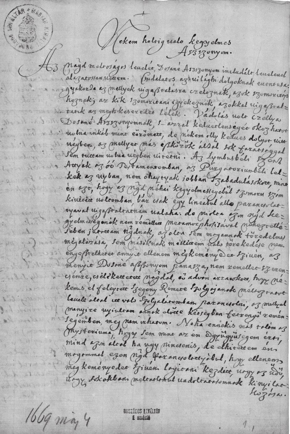 2. kép. Gyöngyösi 1669-es levele ex arce Balog (E 204 Missiles) mentum kivételével az ungi Gyöngyösi István személye belesimul a protokollizált, jogbiztosító, hivatali iratok sűrűjébe.