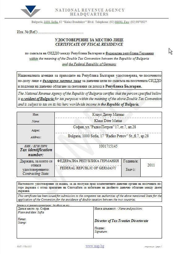 Certificat de rezidență fiscală Număr personal de identificare ()