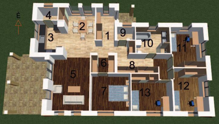 kamra 2,6 m2 5 nappali 20,21 m2 6 gardrób 3,88 m2 7 szoba4 12,41 m2 8 közlekedő 12,11 m2 9