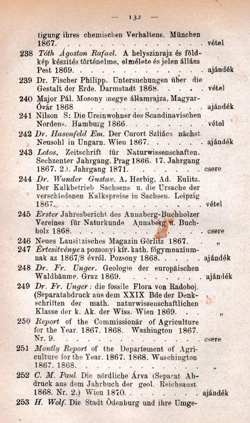 »32 tigung ihres chemischen Verhaltens. München 1 8 6 7...vétel 2 3 8 Tóth Ágoston Rafael. A helyszinrajz és földkép készítés történelme, elmélete és jelen állása Pest 1 8 6 9...ajándék 2 3 9 Dr.