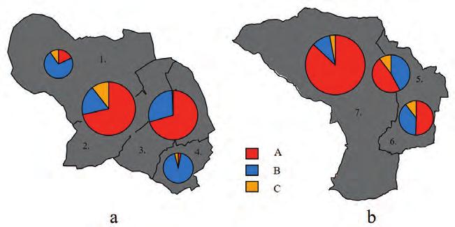 3. ábra A vizsgált burgenlandi és muravidéki települések etnikai megoszlása a = burgenlandi települések; b = muravidéki települések; A = magyar B = osztrák vagy szlovén C = egyéb nemzetiségű; 1.