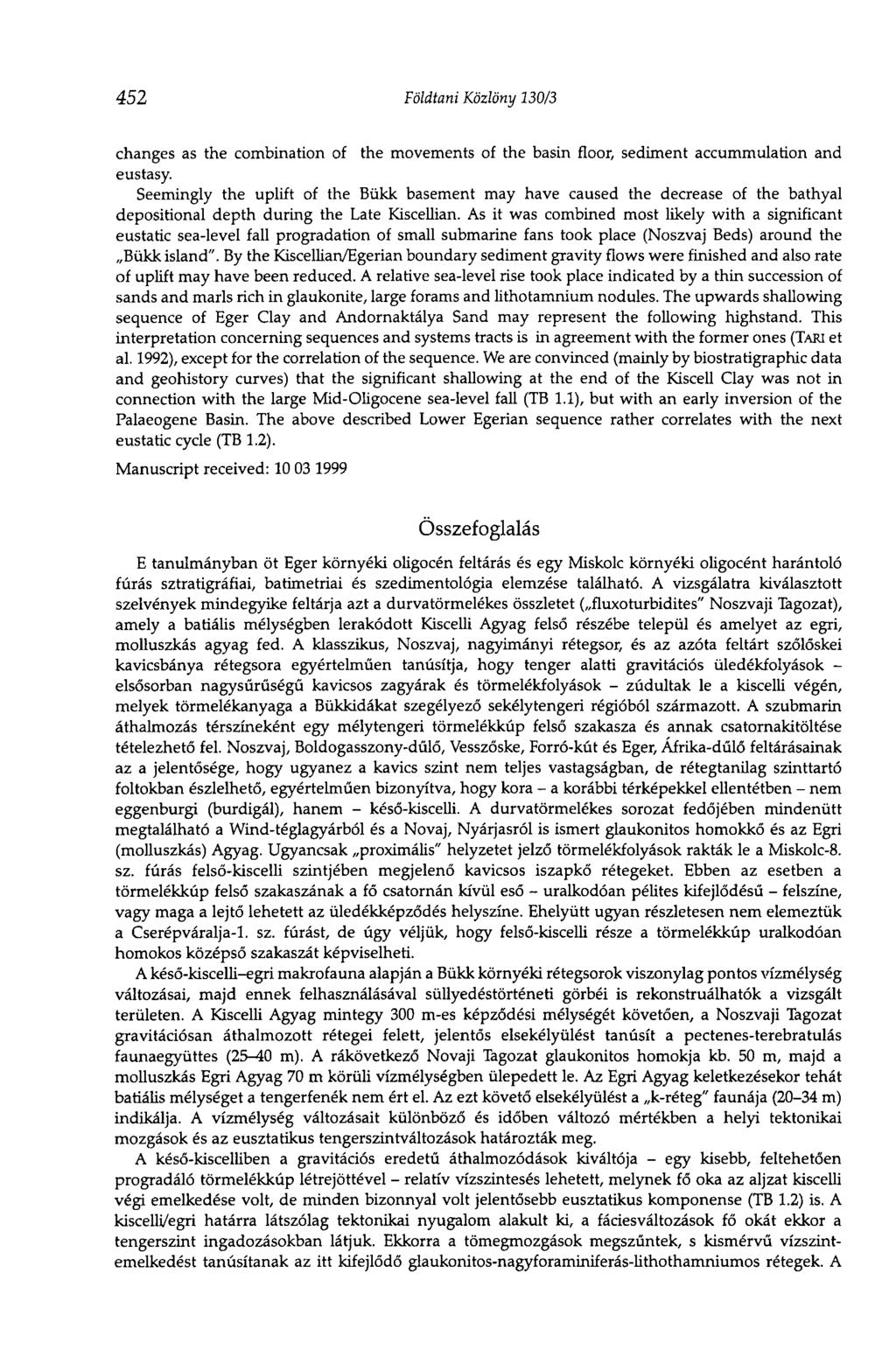 452 Földtani Közlöny 130/3 changes as the combination of the movements of the basin floor, sediment accummulation and eustasy.