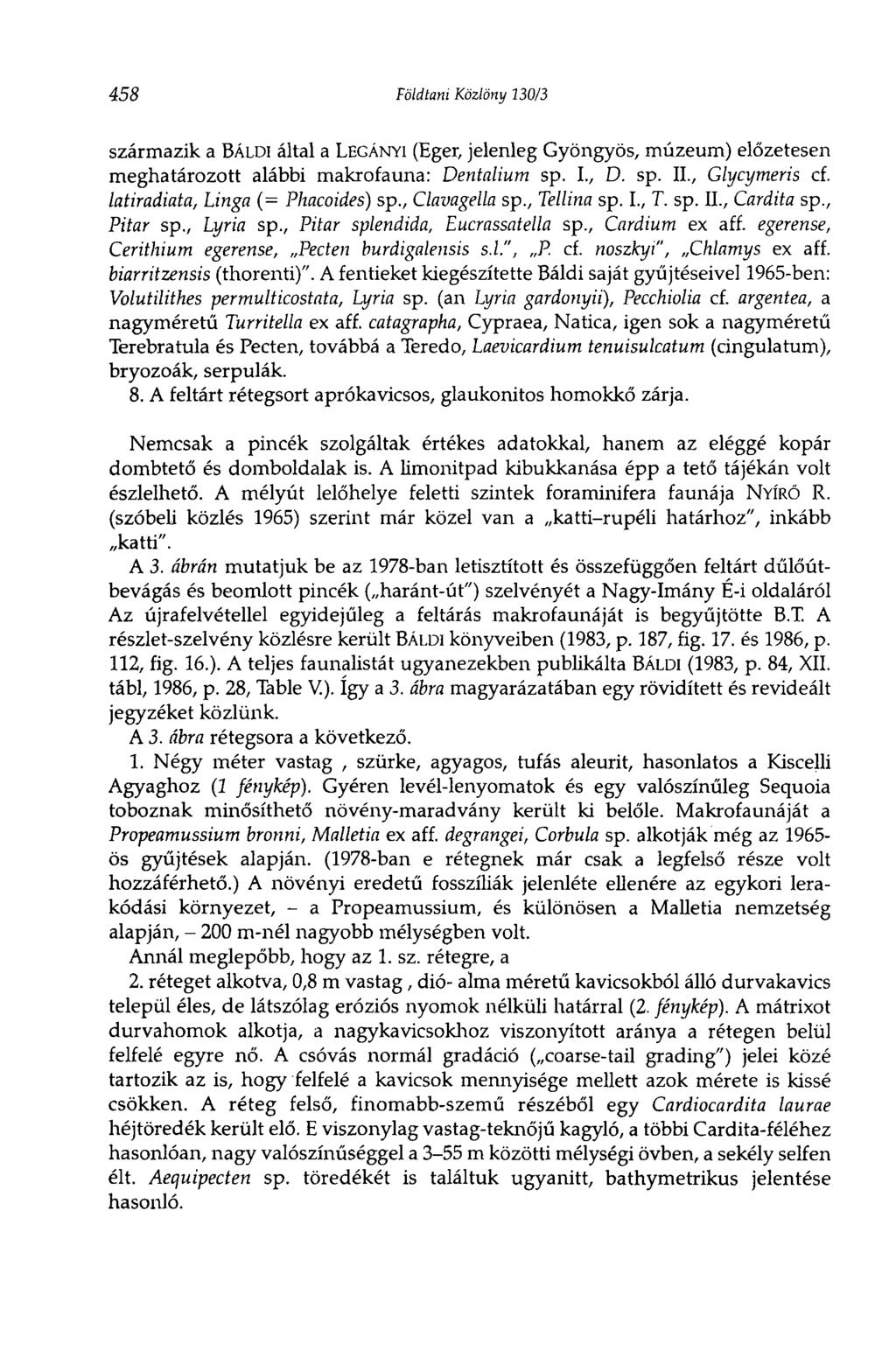 458 Földtani Közlöny 130/3 származik a BÁLDI által a LEGÁNYI (Eger, jelenleg Gyöngyös, múzeum) előzetesen meghatározott alábbi makrofauna: Dentalium sp. I., D. sp. П., Glycymeris cf.