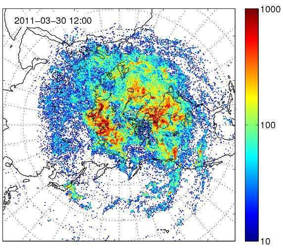 4.2. A FUKUSHIMA DAI-ICHI ATOMERŐMŰ BALESETE 4.2.4. ábra. A Fukushimából származó 137 Cs teljes légoszlopbeli koncentrációja 2011.
