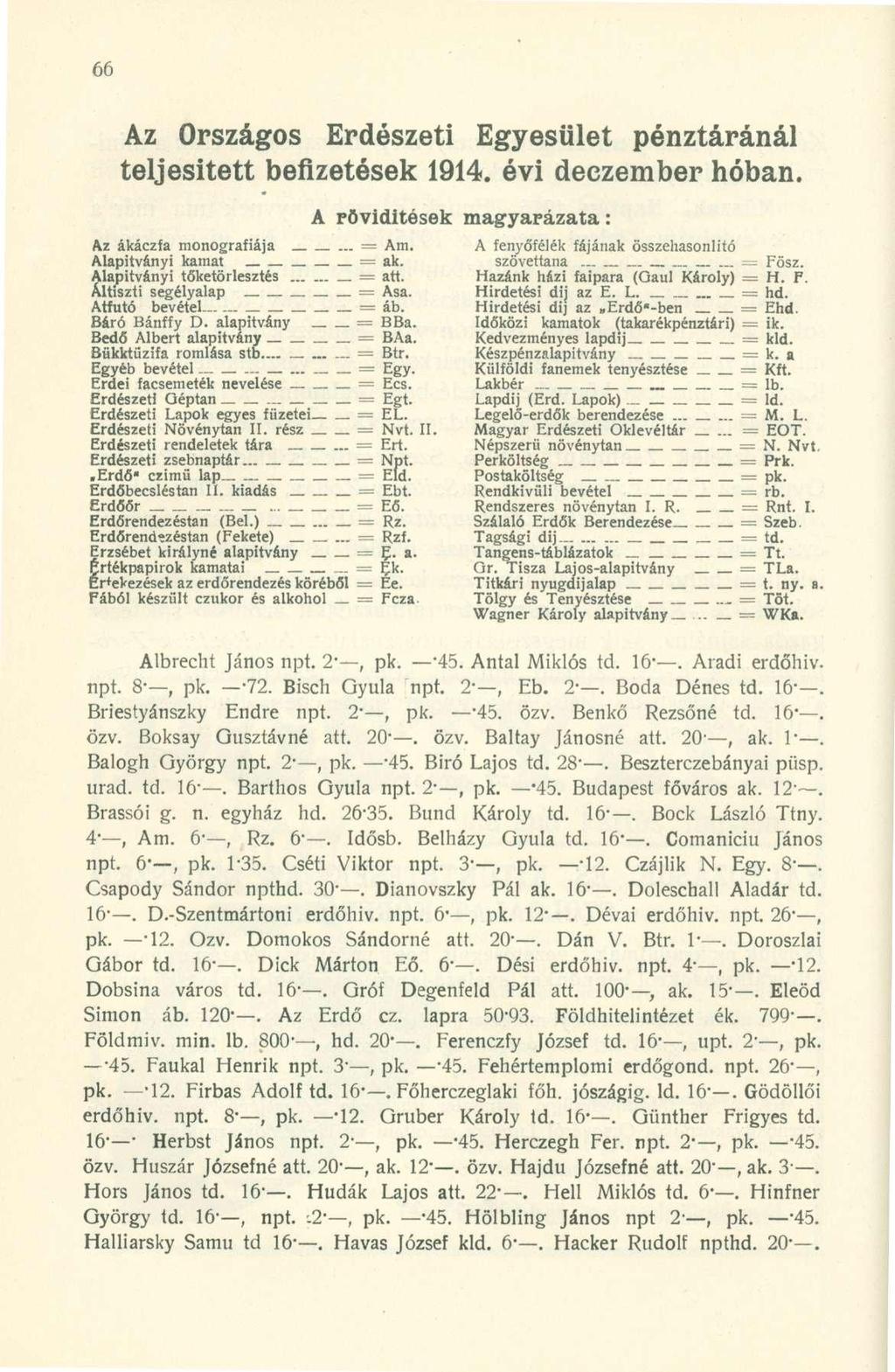 Az Országos Erdészeti Egyesület pénztáránál teljesített befizetések 1914. évi deczember hóban. A rövidítések magyarázata: Az ákáczfa monográfiája... = Am.