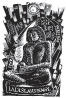 Az egyik legsikerültebb, saját nevére készített könyvjegye az egyiptomi írnok szobrát idézi fel (N38/13). (7. sz. ábra) 7. sz. ábra Graf.